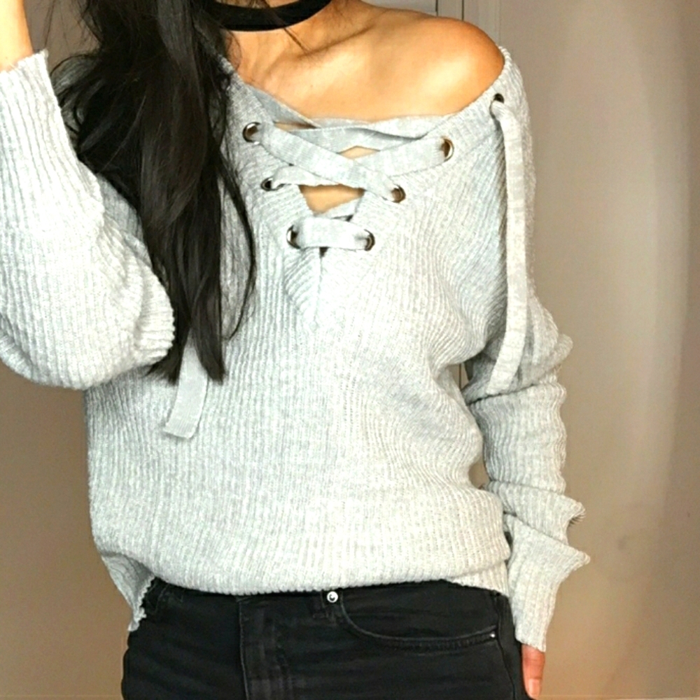Umgee Long Sleeve Lace Up Sweater